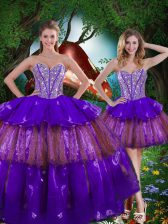  Organza Sleeveless Floor Length Quinceanera Gowns and Beading and Ruffled Layers and Sequins