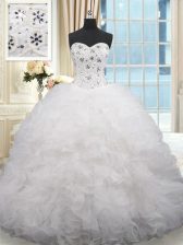  Sleeveless Beading and Ruffles Lace Up Sweet 16 Quinceanera Dress with White Brush Train