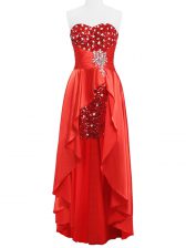  Coral Red Elastic Woven Satin Zipper Homecoming Dress Sleeveless Floor Length Beading and Ruching