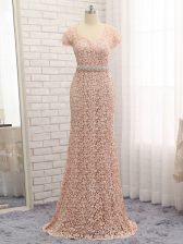 Latest Floor Length Column/Sheath Cap Sleeves Peach Prom Evening Gown Zipper