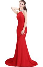 On Sale Side Zipper Prom Evening Gown Red for Prom and Party with Beading Brush Train