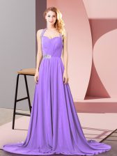  Lavender Halter Top Neckline Beading and Ruching Prom Dress Sleeveless Zipper