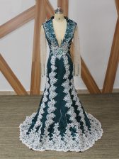 Unique Navy Blue Mermaid Elastic Woven Satin Square Long Sleeves Beading and Lace and Appliques Zipper Prom Gown Brush Train