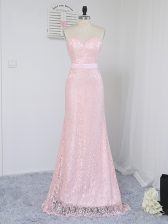 New Style Floor Length Zipper Dama Dress Baby Pink for Prom and Party and Wedding Party with Lace