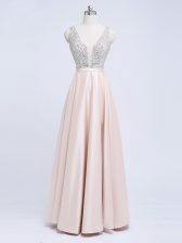 Superior V-neck Sleeveless Prom Dress Floor Length Beading and Belt Champagne Elastic Woven Satin