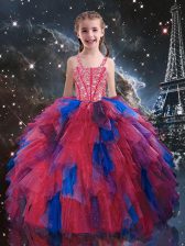 Floor Length Ball Gowns Sleeveless Coral Red Little Girls Pageant Dress Lace Up