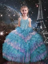  Teal Ball Gowns Beading and Ruffled Layers Juniors Party Dress Lace Up Organza Sleeveless Floor Length