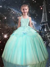  Aqua Blue Tulle Lace Up Child Pageant Dress Sleeveless Floor Length Beading