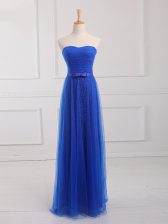 Nice Royal Blue Tulle and Lace Lace Up Sweetheart Sleeveless Floor Length Dama Dress for Quinceanera Belt