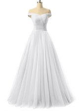  White Sleeveless Floor Length Ruching Lace Up Prom Dresses