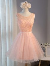 Flare Peach A-line Beading and Belt Prom Party Dress Zipper Tulle Sleeveless