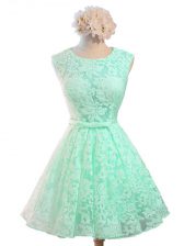  Sleeveless Knee Length Belt Lace Up Quinceanera Court of Honor Dress with Apple Green