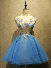 Deluxe Baby Blue Sleeveless Mini Length Embroidery Lace Up Dress for Prom