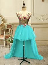 Luxurious Aqua Blue Prom Dress Military Ball and Sweet 16 and Quinceanera with Embroidery Scoop Sleeveless Lace Up