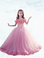  Sleeveless Hand Made Flower Lace Up Pageant Gowns For Girls with Baby Pink Court Train