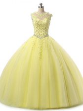  Yellow Scoop Neckline Beading and Lace 15 Quinceanera Dress Sleeveless Lace Up