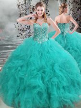 Luxurious Turquoise Organza Lace Up 15 Quinceanera Dress Sleeveless Floor Length Beading and Ruffles