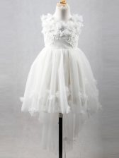 Dazzling White Tulle Lace Up Flower Girl Dress Sleeveless High Low Appliques