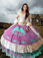 Glamorous Off The Shoulder Sleeveless Quinceanera Gowns Brush Train Embroidery and Ruffled Layers Multi-color Taffeta