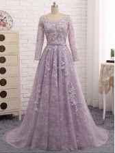  Zipper Prom Evening Gown Lavender for Prom and Sweet 16 with Beading and Appliques Brush Train