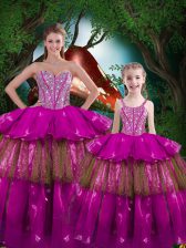  Fuchsia Sleeveless Floor Length Beading and Ruffled Layers Lace Up Quinceanera Gown