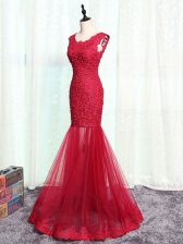 Great Sleeveless Floor Length Lace and Appliques Zipper Prom Evening Gown with Red