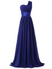 Superior Royal Blue Chiffon Lace Up Damas Dress Sleeveless Floor Length Ruching