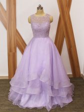 Designer Lavender A-line Beading and Ruffles Prom Evening Gown Zipper Organza Sleeveless