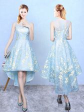 Fabulous Aqua Blue Zipper Dama Dress for Quinceanera Embroidery Sleeveless High Low