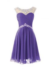 Sweet Lavender A-line Scoop Cap Sleeves Chiffon Knee Length Zipper Beading Dress for Prom