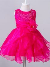 Adorable Hot Pink Organza Zipper Scoop Sleeveless Knee Length Little Girls Pageant Dress Beading and Hand Made Flower