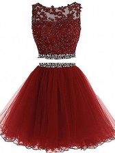  Scoop Sleeveless Prom Gown Mini Length Beading and Lace and Appliques Burgundy Tulle
