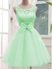 Hot Sale Apple Green Sleeveless Knee Length Lace and Bowknot Lace Up Court Dresses for Sweet 16