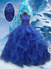Artistic Floor Length Lace Up Quinceanera Gown Blue for Military Ball and Sweet 16 and Quinceanera with Beading and Ruffles