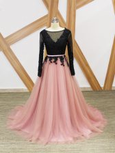 Attractive Zipper Pink And Black for Prom and Party with Lace and Appliques and Sashes ribbons Brush Train