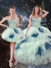 Lovely Blue And White Tulle Lace Up Vestidos de Quinceanera Sleeveless Floor Length Ruffled Layers