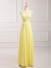 Elegant Empire Prom Party Dress Yellow V-neck Chiffon Sleeveless Floor Length Zipper