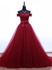  Burgundy Tulle Lace Up Prom Gown Sleeveless Brush Train Ruching and Belt