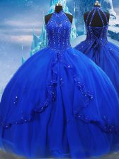 Luxury Royal Blue Tulle Lace Up High-neck Sleeveless Ball Gown Prom Dress Brush Train Beading and Ruffles