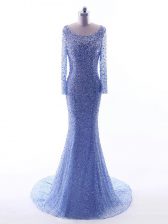 Modern Blue Tulle Backless Scoop Long Sleeves Dress for Prom Brush Train Sequins