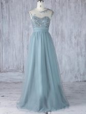 Nice Floor Length Zipper Dama Dress Grey for Prom and Party and Wedding Party with Appliques