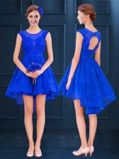  Sleeveless High Low Lace and Belt Lace Up Dama Dress for Quinceanera with Royal Blue