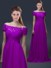  Purple Empire Off The Shoulder Short Sleeves Chiffon Floor Length Lace Up Appliques Dress for Prom