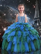 Eye-catching Blue Sleeveless Beading and Ruffles Floor Length Little Girl Pageant Gowns