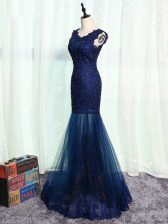 Fancy Navy Blue Homecoming Dress Prom and Military Ball and Sweet 16 with Beading and Lace and Appliques Scoop Sleeveless Zipper