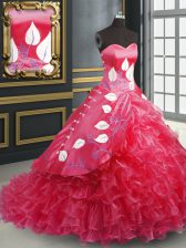 Stylish Sweetheart Sleeveless Organza Quinceanera Gown Embroidery and Ruffled Layers Brush Train Lace Up