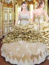 Adorable Champagne Ball Gowns Beading and Appliques and Ruffled Layers and Pick Ups Sweet 16 Dresses Lace Up Taffeta Sleeveless Floor Length