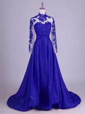  High-neck Sleeveless Brush Train Lace Up Prom Party Dress Royal Blue Taffeta