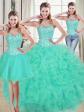 Extravagant Turquoise Lace Up Sweetheart Beading and Ruffled Layers Quince Ball Gowns Organza Sleeveless Brush Train