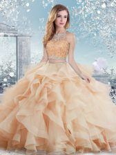  Ball Gowns Quinceanera Gown Peach Scoop Tulle Sleeveless Floor Length Clasp Handle